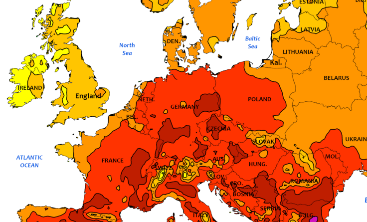 NOAA meteorological thermal map showing extreme continental heatwave and atmospheric pressure impact across Europe for summer 2026 climate analysis.